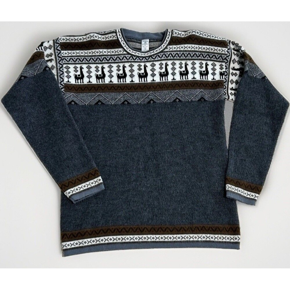 Tejidos Ecuador Long Sleeve Pullover Alpaca Llama Sweater Gray Black Brown